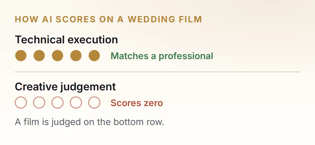 A scorecard showing AI matching a professional editor on technical execution but scoring zero on creative judgement.