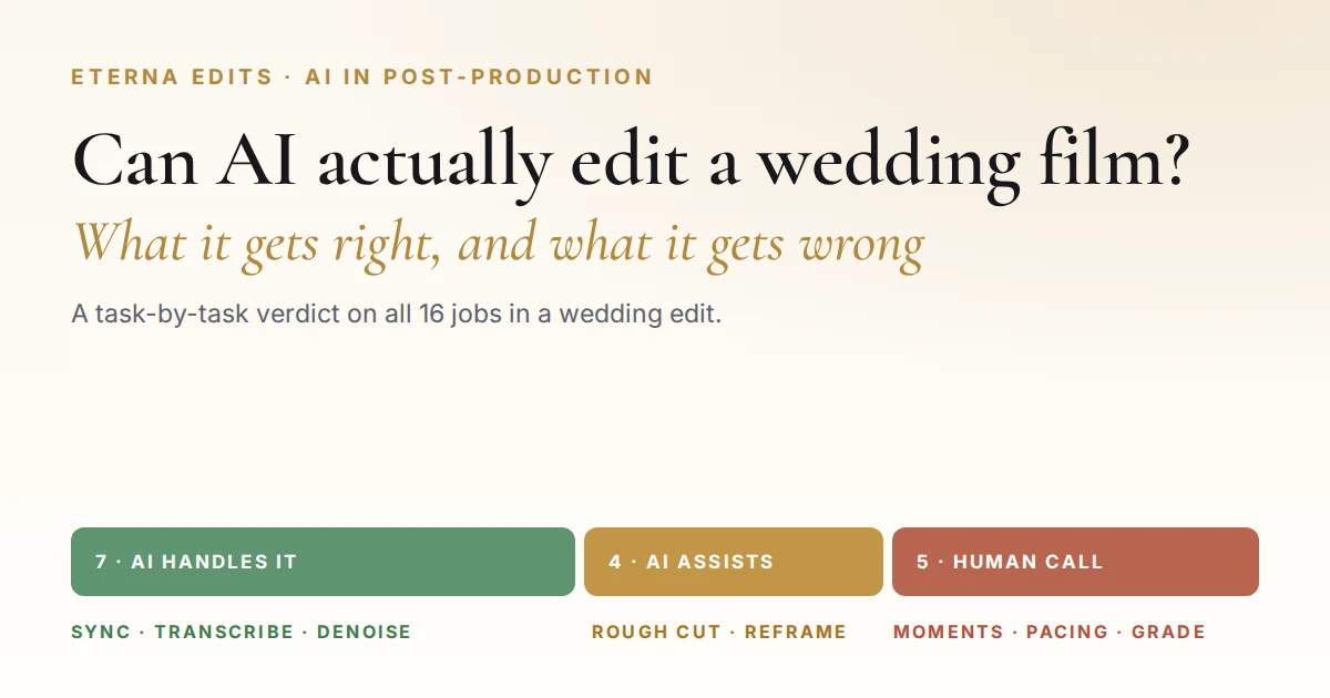 Title graphic reading Can AI actually edit a wedding film, with a bar splitting the 16 jobs in a wedding edit into 7 AI handles, 4 AI assists and 5 human calls.