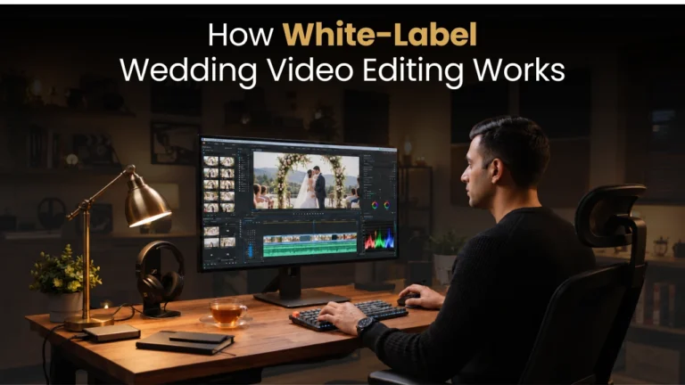 How white-label wedding video editing works — a wedding video editor assembling a couple’s highlight film on an editing timeline.