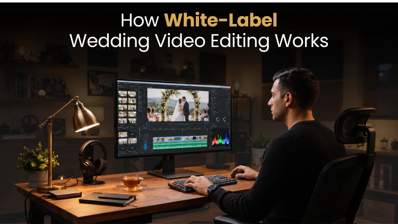 How white-label wedding video editing works — a wedding video editor assembling a couple’s highlight film on an editing timeline.