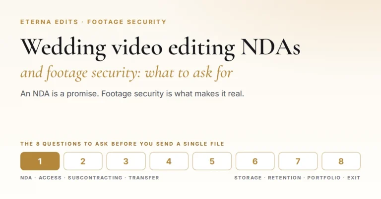 Title graphic reading Wedding video editing NDAs and footage security: what to ask for, above a row of the eight questions to ask an editor before sending footage.