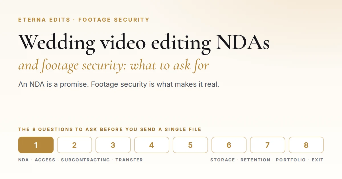 Title graphic reading Wedding video editing NDAs and footage security: what to ask for, above a row of the eight questions to ask an editor before sending footage.