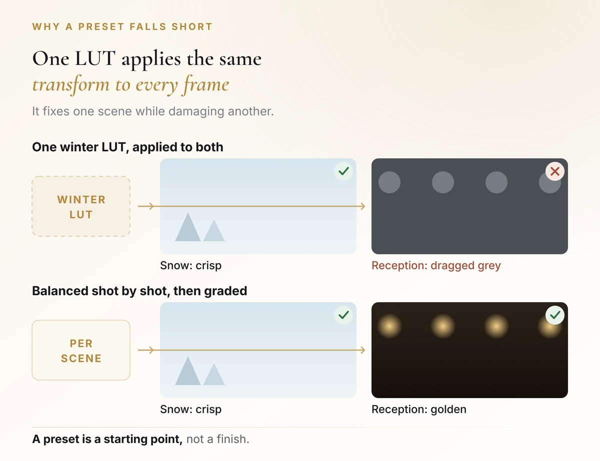 Diagram showing a single winter LUT improving a snow scene but dragging a candlelit reception grey, compared with grading each scene separately so both work.